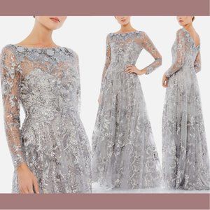 NEW $798 Mac Duggal [ 16‎ ] Floral Embroidered Illusion Long Sleeve Gown Silver